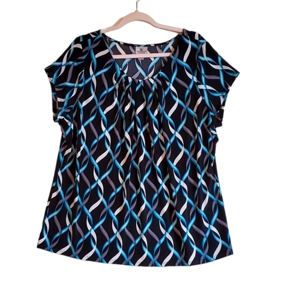 Worthington Woman Stretch Abstract Black Blue Blouse‎ Top 2X Women - Picture 1 of 9